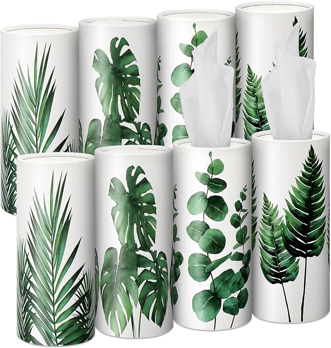 Zonon 8 Pcs Greenery Car Tissue Cylinder with 3-ply Facial Tissue Bulk Round Tissues Holder Box Spring Travel Cylinders Tubes for Car Decoration with 50 Sheets for Cup Holder Round Container by Zonon