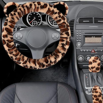 Accmor Fluffy Car Steering Wheel Cover, Leopard Fuzzy Vehicle Wheel Cover for Women Non-Slip Furry Warm Steering Wheel Protector with Cute Ears, Car Accessories 15 inch Universal Fit Auto, Suvs, Truck - Image 3