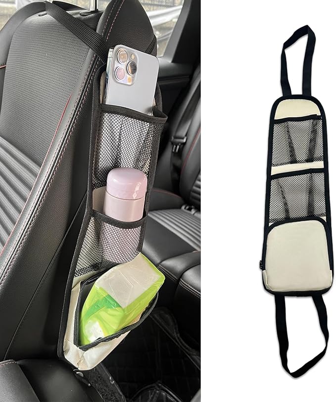 Car Seat Storage Hanging Bag, Car Seat Side Organizer, Multifunctional Cars Mesh Net Pocket, Multi-Pocket Seats Side Storage Interior Accessories Universal for Cars SUV Truck (Ivory White, 1PCS) by Unknown