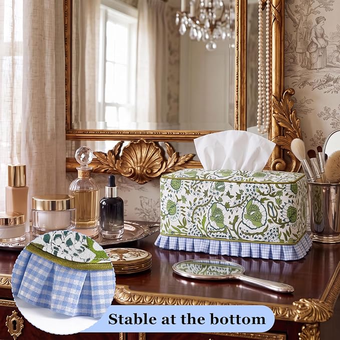 Block Print Fabric Tissue Box Cover, Floral Cluster, Bean Green | Rectangular Ruffle Sleeve, Decorative Holder for Bathroom Vanity Car, Napkin Dispenser Grand Millennial Boho Decor Home - Image 5