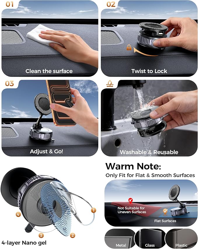 Car Phone Holder for Magsafe – [Carbon Fiber] Phone Mount for Car [Super Strong Magnetic, 360° Adjustable, 108LBS Vacuum Suction] Phone Holders for Your Car, Car Accessories for iPhone 17–12 Series | Super strong magnetic, 108LBS vacuum suction, Compat... - Image 8