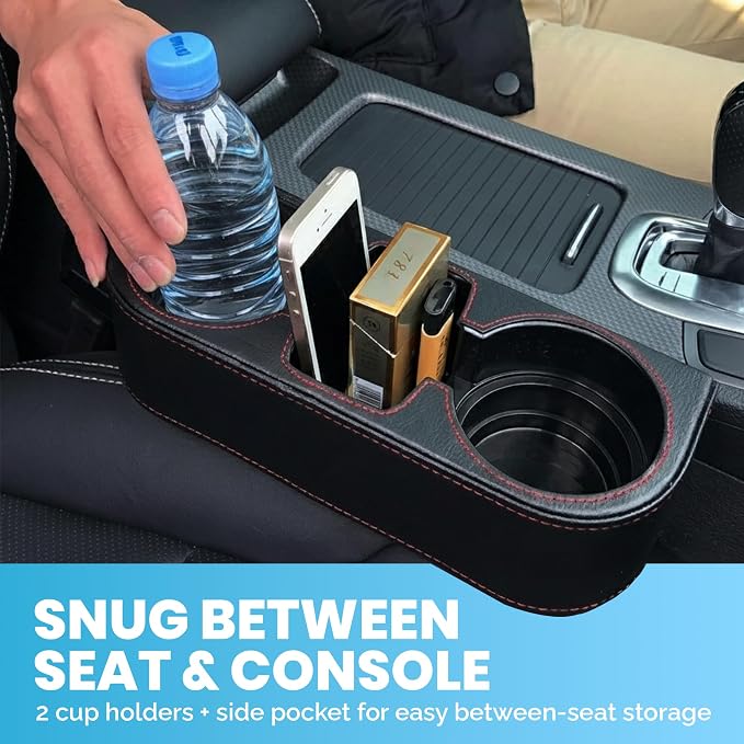 Car Cup Holder, Car Seat Gap Filler Organizer, PU Leather, Black - Image 7