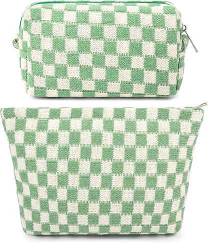 SOIDRAM 2 Pcs Checkered Makeup Bag Large Cosmetic Bag Toiletry Bag Makeup Pouch Travel Bag Organizer Cute Makeup Brushes Aesthetic Accessories Storage Bag for Women Green by SOIDRAM
