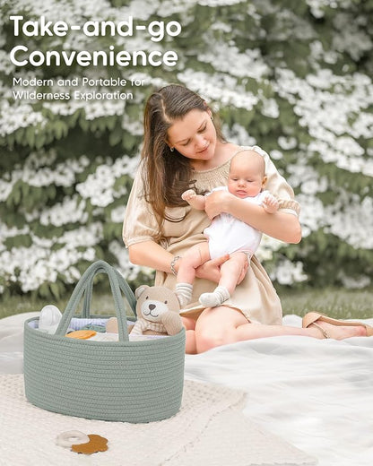 Maliton Diaper Caddy Organizer for Baby, Portable Diaper Storage Organizer for Changing Table and Car, Cotton Rope Nursery Storage Bin Basket for Baby Shower, Newborn Essentials Must Haves - Green - Image 8