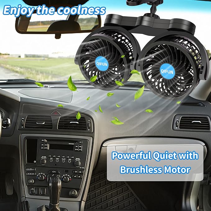 QIFUN Car Fan Adjustable Dual Head 12V 360° Rotatable 4 Inches Car Clip Fan for Front/Rear Seat Passenger Car Essentials Cooler with Stepless Speed Regulation for Vehicle SUV, RV - Image 2