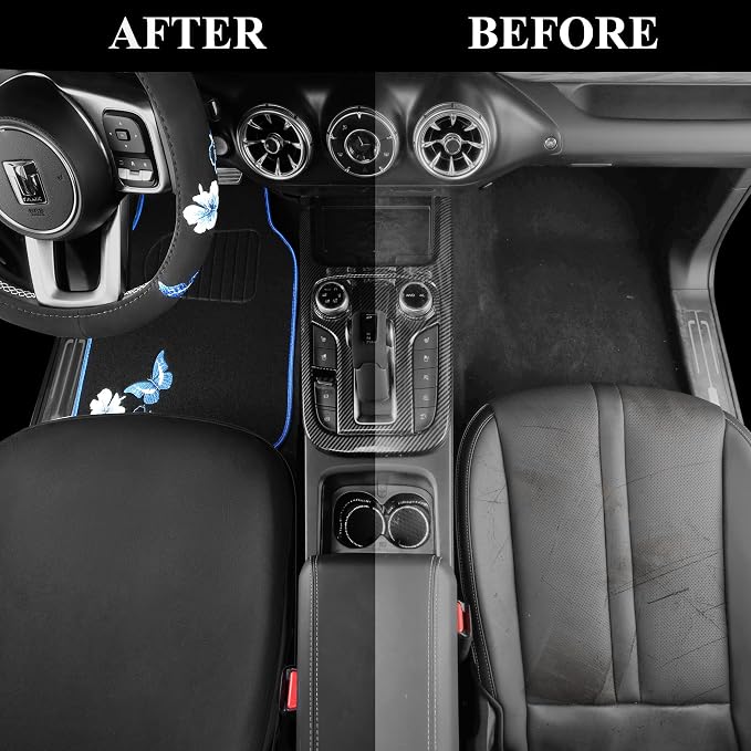 CAR PASS Blue Butterfly Car Seat Covers Full Set, Embroidered Flower Waterproof Car Floor Mats Carpet, Butterflies Steering Wheel Cover for Universal Car Accessories Interior Sets (Black and Blue) - Image 7