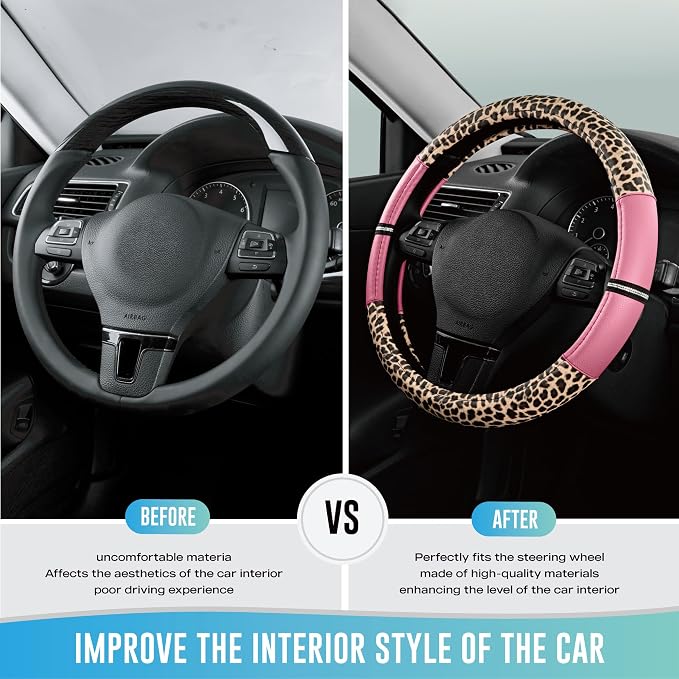 Road Comforts Leopard Steering Wheel Cover for Women, Cute Anti-Slip Microfiber Leather, Universal Fit 14.5-15 Inch Round Steering Wheel - Pink - Image 3