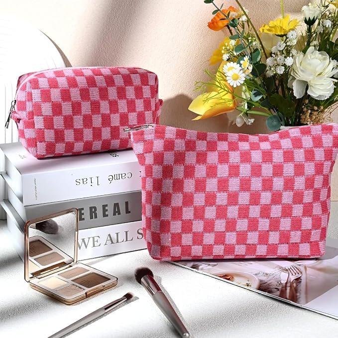 Travel Makeup Bag, Checkered Cosmetic Bag Make Up Organizer Case for Women, Small Toiletry Bag Skincare Pouch for Toiletries Accessories Brushes, 2PCS - Image 3