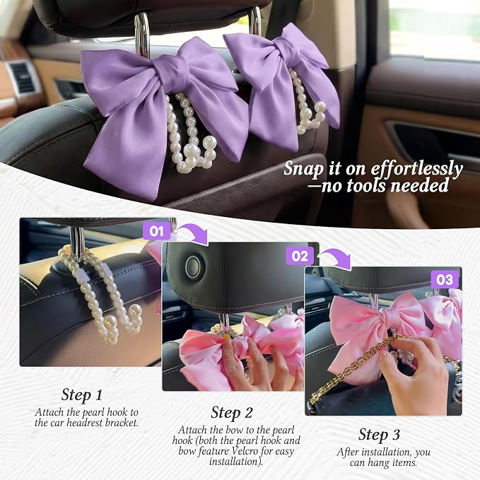 2PCS Satin Bow Pearl Car Seat Headrest Hooks – Car Bag Holder & Vehicle Hanger for Purses – Cute Coquette Aesthetic Interior Decoration – Cute Auto Organizer Accessories Universal (Lavender Purple) - Image 6