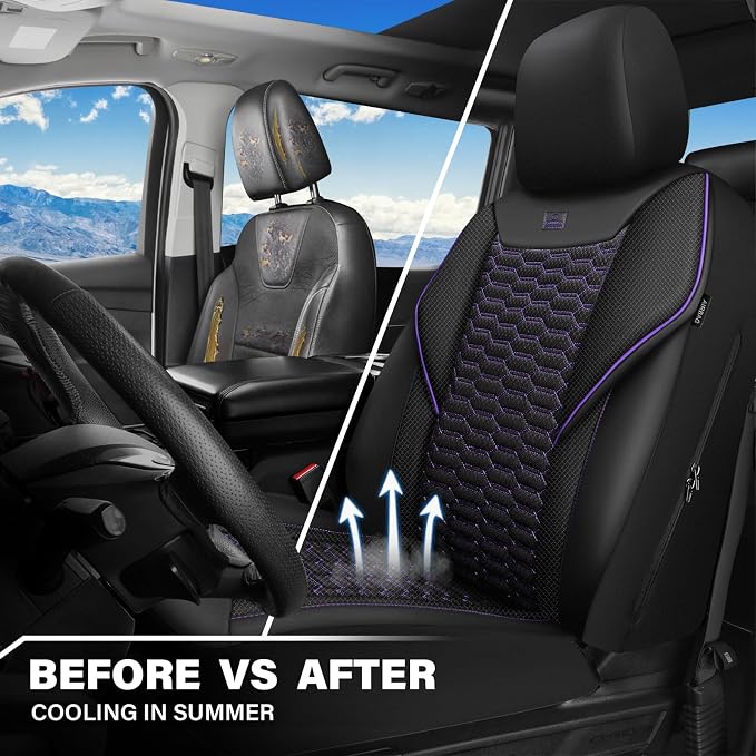 CAR PASS 3D Foam Mesh Leather Car Seat Covers Front Seats,Breathable Mesh Front Seat Covers for Women,Universal Fit for Cars SUV Truck Sedan Van Automotive,Armrest Airbag Compatible,Black and Purple - Image 6