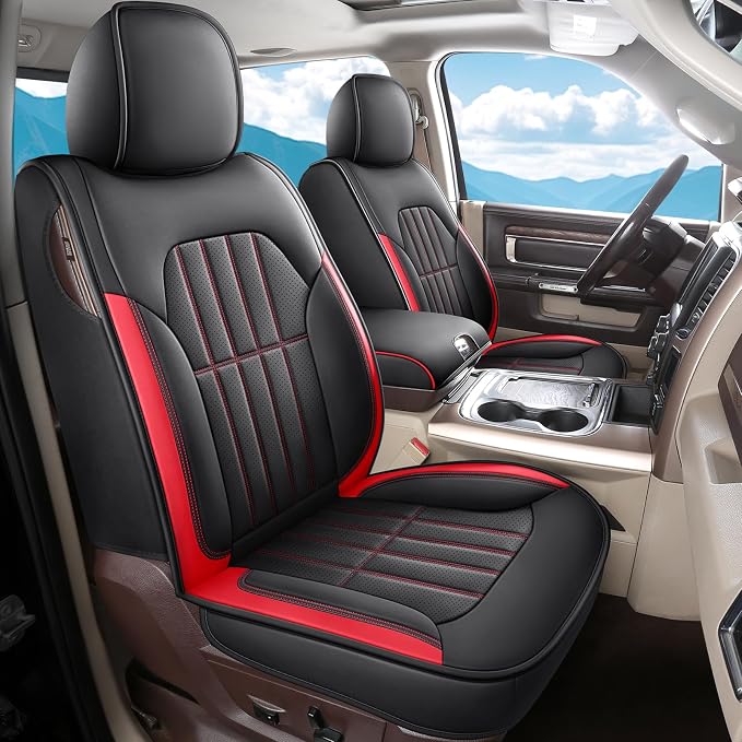 Truckiipa Dodge Ram 2 Front Seat Covers Custom Fit for 2002-2025 2026 1500 2500 3500 Pickup Crew Double Quad Cab Laramie Big Horn Full Coverage Waterproof Leather Truck Seat Protectors, Red by Truckiipa