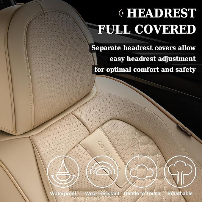 Coverado Car Seat Covers Full Set, Waterproof Nappa Leather Seat Covers for Cars, Universal 5 Seats Car Seat Covers, Front and Back Car Seat Protector, Auto Seat Covers Fit for Most Cars, Beige - Image 7