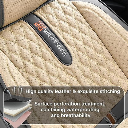 Khaki Car Seat Cover Complete Set, Universal Car Seat Cover for Car with Lumbar Support, Premium Artificial Leather, Waterproof and Easy to Clean, Airbag Compatible, Seat Heating Compatible - Image 8