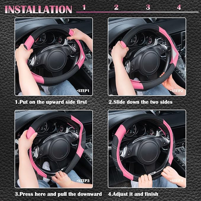 CAR PASS Line Rider Microfiber Leather Sporty 14.5-15 inch Steering Wheel Cover Universal Fits for 95% Truck,SUV,Cars, Anti-Slip Safety Comfortable Design (Black Pink) - Image 5