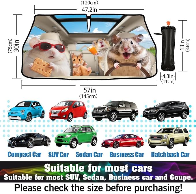 Cute Hamster Car Windshield Sunshade Umbrella Funny Car Sun Shade Foldable Window Shades Cover 57 x 30 in - Image 3