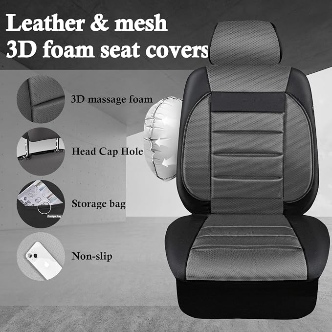 CAR PASS Leather Seat Covers Full Set Universal Water Resistant 3D Foam Back Support, Luxury Comfort Automotive 5 Seat Covers All Season Fit for SUV,Sedan,Van, Airbag Compatible Elegance(Gray Black) - Image 3