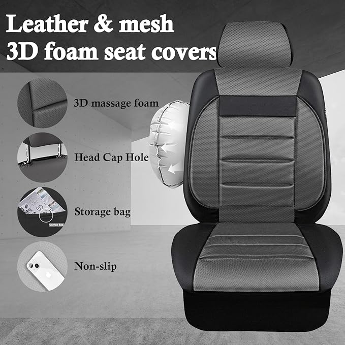 CAR PASS Car Seat Covers Front Seats Only, Universal Fit Automotive Interior Waterproof 3D Foam Back Support Car Seat Covers for Trucks Vans and SUVs Airbag compatible 2 Pieces black gray grey - Image 4