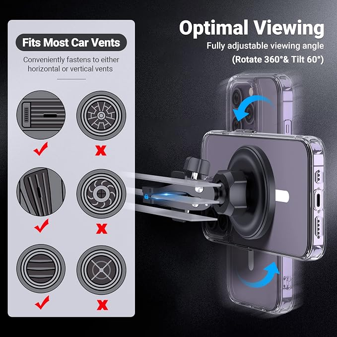PROfezzion 2-Pack Magnetic Car Vent Mount Holder Compatible with MagSafe | Stable Vent Clip, Powerful Magnets Compatible with MagSafe for iPhone 17 16 15 14 13 12 Pro Max Plus Air & All Phones - Image 4