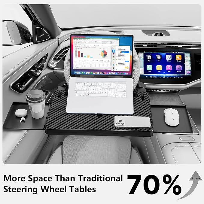 Steering Wheel Tray, Car Food Tray, Adjustable Car Laptop Desk ﻿ | Car Desk with Phone Slot and Storage Drawers, Portable ABS Table with Anti-Slip Pads, Fits Most Steering Wheels - Image 3