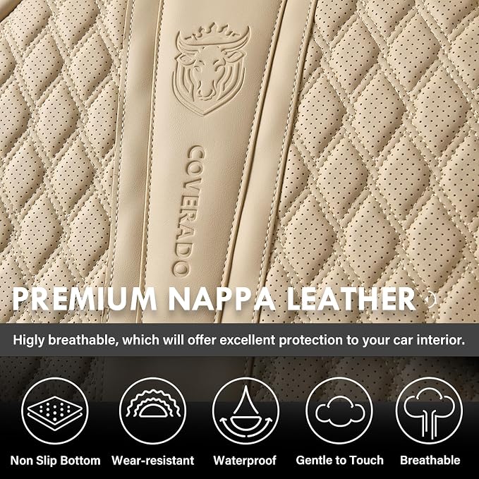 Coverado Front Seat Covers, Car Seat Covers Front Seats, Nappa Leather Seat Covers for Cars, Waterproof Seat Covers with Lumbar Support Universal Fit for Most Cars SUV Trucks (Front, Beige) - Image 4