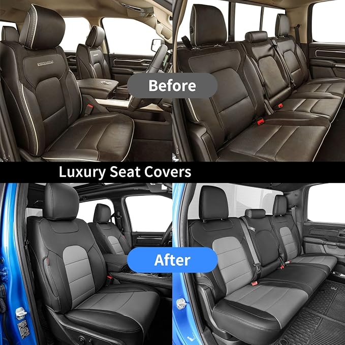 Leather Seat Covers for Chevy Silverado/GMC Sierra 1500 (2019-2026) & 2500HD/3500HD (2020-2026) -CrewCab w/Rear Seat Storage Pickup,Fully Covered,Waterproof Truck Seat Protector(Full Set,Black/Grey) - Image 6