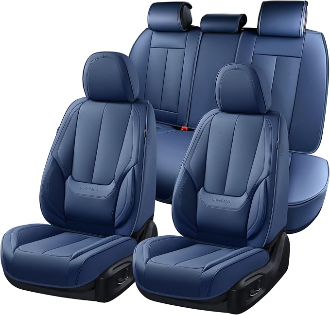 Coverado Car Seat Covers Full Set, Seat Covers for Cars, Car Seat Covers Front Seats and Back Car Seat Protector Waterproof, Leather Car Seat Cushion Universal Fit for Most Cars Blue by COVERADOAUTO