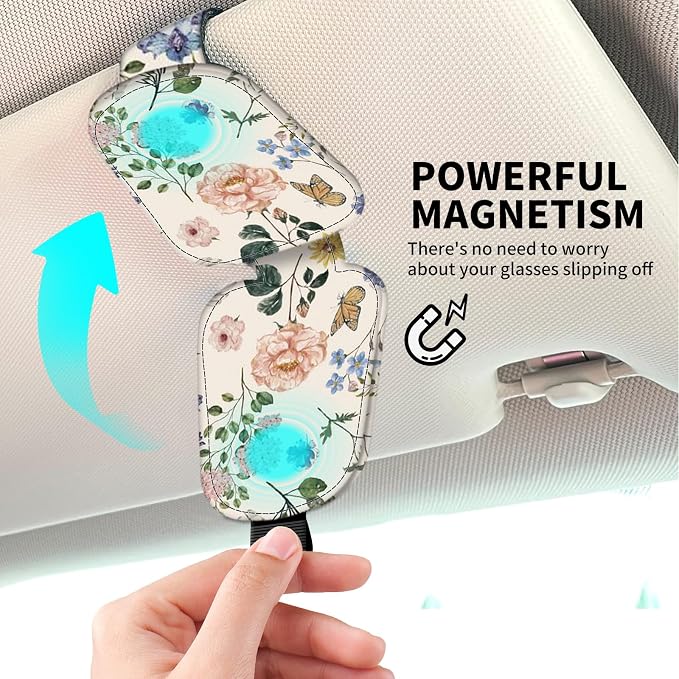 Leather Magnetic Sunglass Holder for Car Sun Visor, Cute Eyeglass Ticket Card Hanger Clip, Universal Auto Interior Accessories for SUV Pickup Truck, Wildflower Floral - Image 3