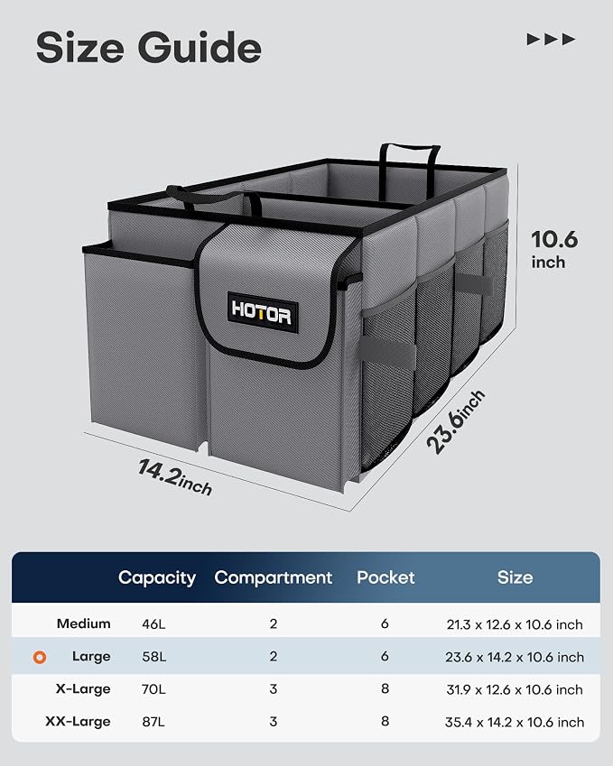 HOTOR Trunk Organizer - Foldable Car Organizer for SUVs & Sedans Storage | Sturdy Car Organization for Men & Women, Car Accessories, Tools, Sundries, Grey, 2 Compartments, 23.6" x 14.2" x 10.6" - Image 2