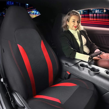 CAR PASS Bucket Car Seat Cover, Breathable 3D Air Mesh-100% Sporty Fabric Front Seats, Airbag Compatible, Universal Fit Automotive SUV Truck Sedan Vans Women, High Back Two Front 2 Piece, Black Red - Image 4