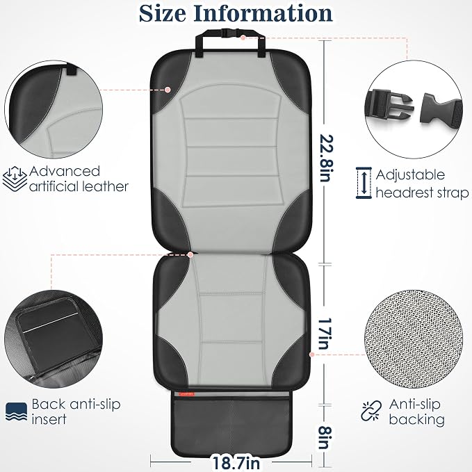 Sinvitron Car Seat Protector for Child Car Seat, Waterproof Car Seat Cover for Leather and Fabric Seats, 2 Mesh Pockets, Non-Slip Bottom, Thick Padding Cushion(1 Pack, Grey) - Image 5