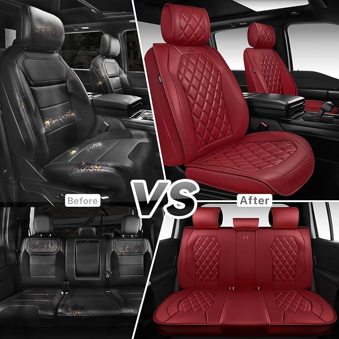 CAR PASS Luxury Nappa Leather Seat Covers Full Set, 3D Rhombus Waterproof Faux Leather Seat Covers, Premium Automotive Seat Cushion Universal Fit for Sedan SUV Truck Van,Airbag Compatible Burgundy Red - Image 6
