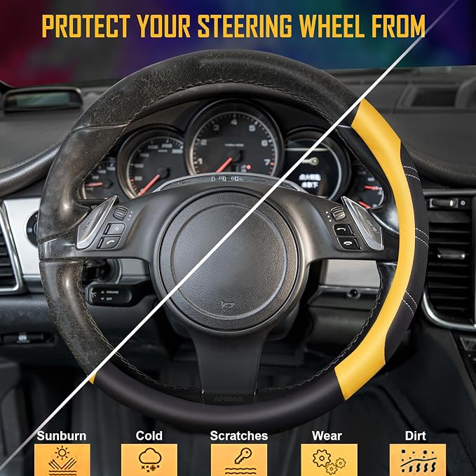 CAR PASS Line Rider Microfiber Leather Sporty Steering Wheel Cover Universal Fits for 95% Truck,SUV,Cars,14.5-15inch Anti-Slip Safety Comfortable Desgin (Black-Yellow) - Image 3