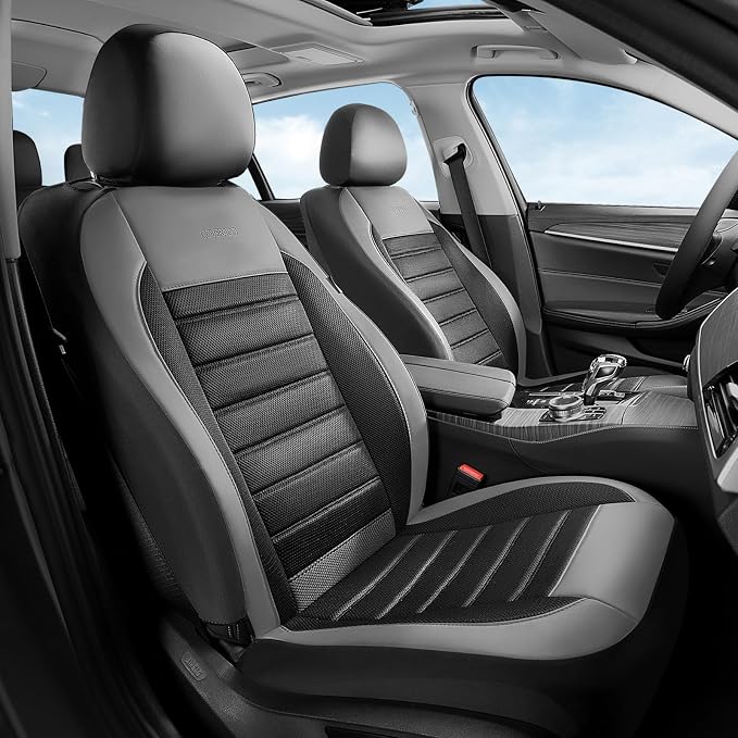 Coverado Car Seat Covers Full Set, Luxury Leather Car Seat Protector, Automotive Front and Rear Mesh Seat Covers, Full Set 5 Seats, Black Gray Seat Cushion for SUV Sedan Truck - Image 2
