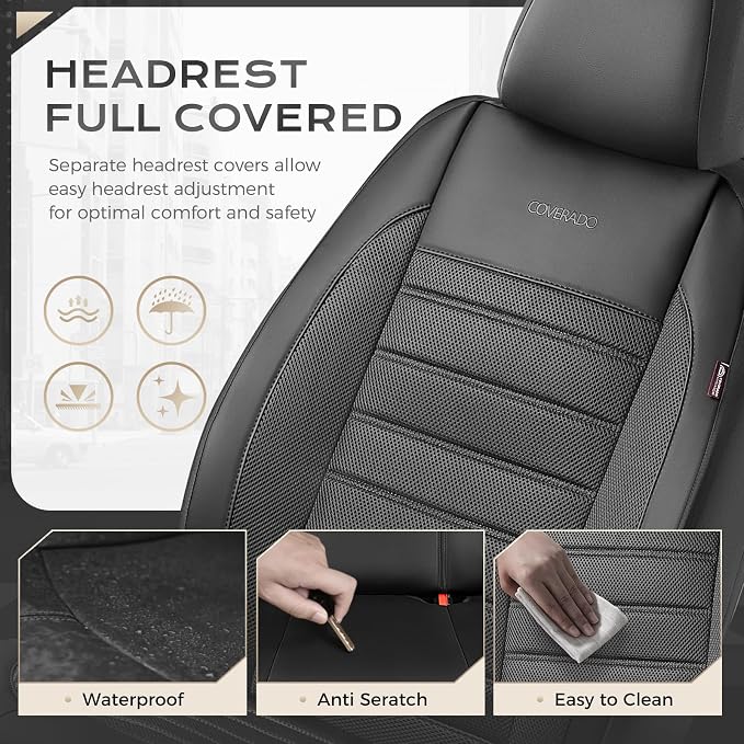 Coverado Car Seat Covers Front Seats Luxury Leather Automotive Mesh 2 Pack Airbag-Compatible Universal Fit Seat Protector Seat Cushion for SUV Sedan Truck Black - Image 5
