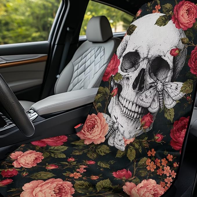 Skull Rose Car Seat Towel Cover Auto Interior Seat Towel Cover | Skull Floral Sweat Seat Cover Protector with Storage Bag Car Interior Accessories Non Slip Waterproof Sweat Protector - Image 3