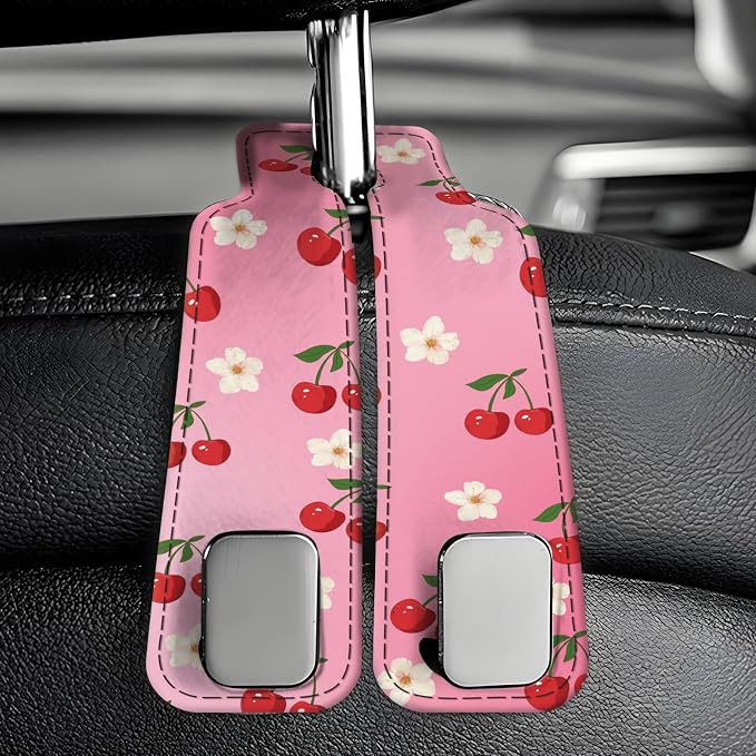 Car Seat Back Storage Headrest Hook, Premium Leather Double Metal Hook, Hanger Storage Organizer for Purse Cloth Bag, Car Interior Accessories Cute Pink Cherry Flower - Image 6