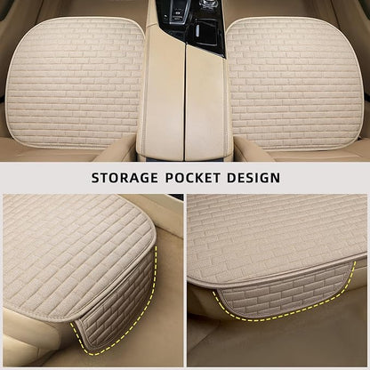 Beige Linen Back Seat Cover, Rear Car Seat Cover for Cars Truck SUV | Cloth Seat Covers for Cars, Seat Covers with Storage Pocket, Bottom Auto Seat Cushion Pad Mat for Most Vehicles - Image 3