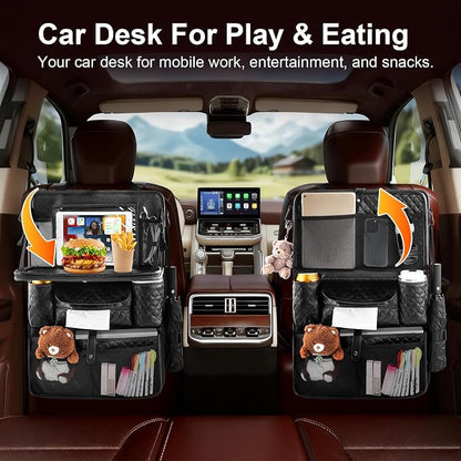 Car Backseat Storage Organizer, 11 PU Leather Pockets & Foldable Table Try | Rosynee Black Kick Mats Back Seat Protector and Cup Holder, Travel Accessories Universal Use Seat Covers with Tablet Holder - Image 2
