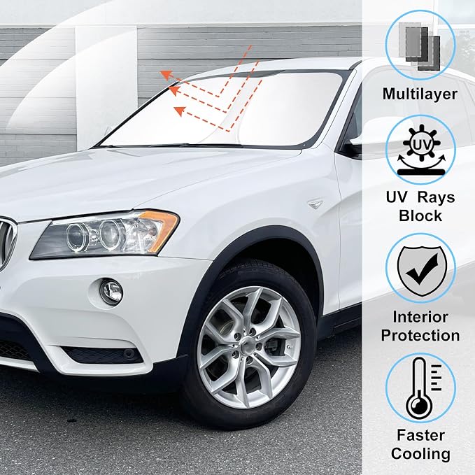 Windshield Sun Shade for 2011-2015 2016 2017 BMW X3 Accessories | Full covered for windshield, Foldable & Durable, Block UV Rays, Reduce Heat, Easy to install, Keep Car Cooler - Image 2