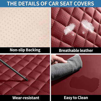 Leather Car Seat Covers Full Set Automotive Seat Protectors | Breathable Waterproof Durable Full Surround & Lumbar Support Design Non-Slip Universal Fit for Most Cars SUVs Trucks Vans Red - Image 3