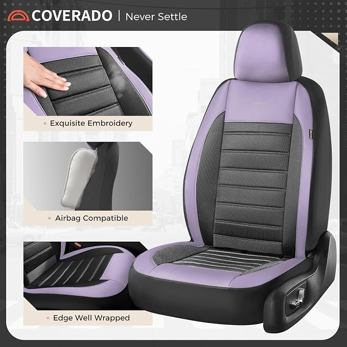 Coverado Car Seat Covers Front Seats, Luxury Leather Car Seat Covers, Automotive Front Mesh Seat Covers, Purple&Black Seat Covers for SUV Sedan Truck - Image 4
