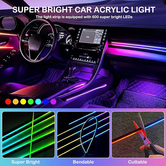 Acrylic Interior Car LED Strip Lights, USB Dreamcolor (6 in 1) | Acrylic LED Lights for Car with Wireless APP and Button Control, RGB Dynamic Chasing, Music Sync Ambient Lighting Kits - Image 3