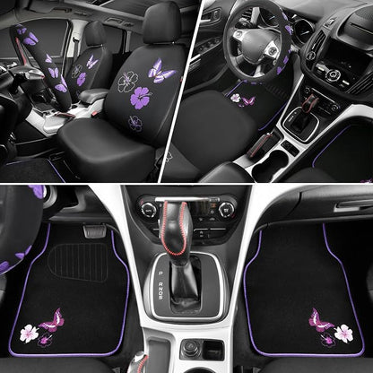 CAR PASS Universal Cloth Butterfly Car Seat Covers Full Set, Embroidered Flower Waterproof Car Floor Mats Carpet, Butterflies Steering Wheel Cover for Car Accessories Interior Sets (Black and Purple) - Image 4
