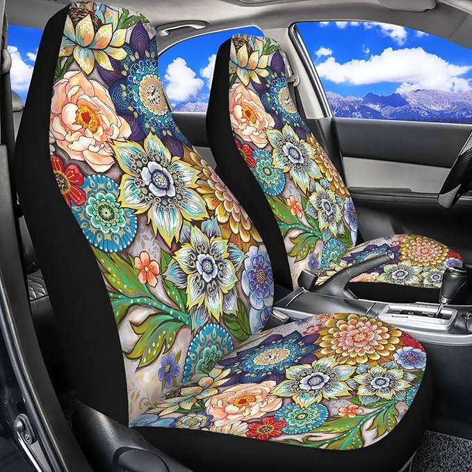 Boho Floral Front Car Seat Covers Set of 2 for Women, Universal Fit Bucket Seat Protectors for Cars, SUVs, Sedans and Trucks, Soft Breathable Polyester, Front Seats Only - Image 2