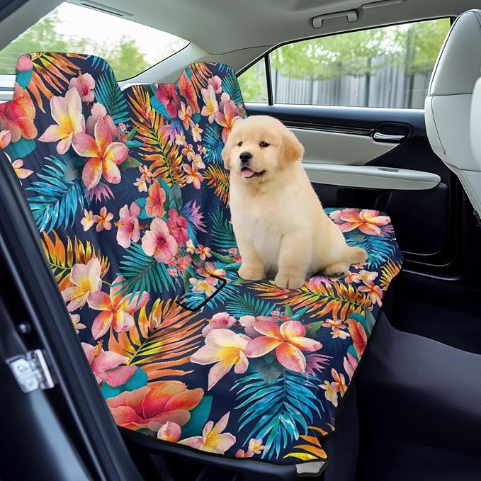 Tropical Hibiscus Plumeria Palm Leaves Pattern Bench Car Seat Cover Protector Waterproof Heavy-Duty Nonslip Pet Car Seat Cover for Dogs with Universal Size Fits for Vehicles Trucks SUV - Image 3