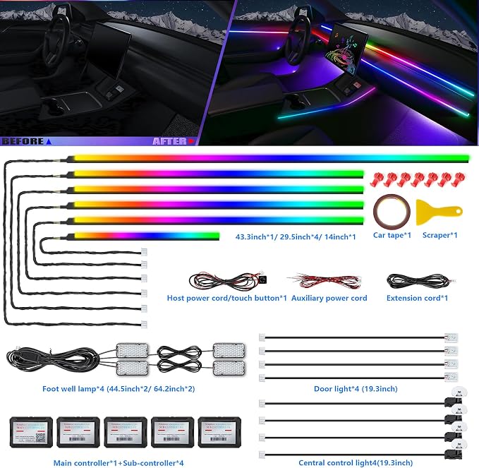 Dreamcolor Acrylic Interior Car LED Strip Light with Wireless APP, RGB 18 in 1 with 175 inches 600 LEDs Fiber Optic Car Ambient Lighting Kits, Music Sync Function Neon LED Strip for Car Accessories - Image 3