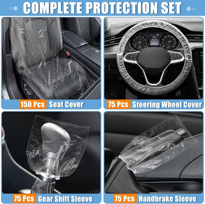 MYFAMIREA 375 PCS Disposable Car Seat Covers Clear Plastic Vehicle Seat Protector Set with Steering Wheel, Gear Shift and Handbrake Covers, Universal for Cars Auto Truck Bus Airplane - Image 5