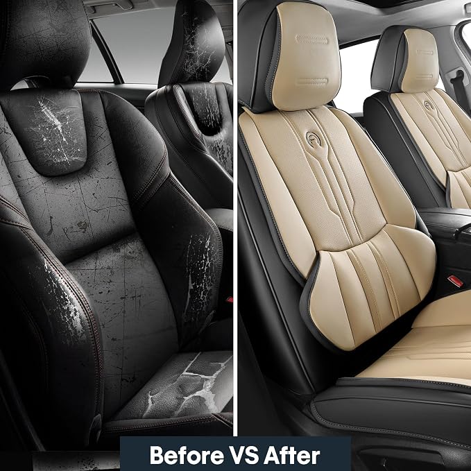 Car Seat Covers Custom Fit for Ford F150 2009-2026, Faux Leather Seat Cover Set for 2017-2026 F250 F350 F450, Acommodating Regular Cab Super Cab Super Crew Pickup Truck Cushions(BeigeBlack, Full Set) - Image 5