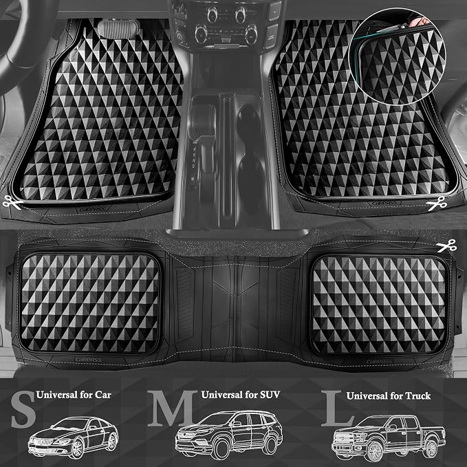 CAR PASS 3 Row Heavy Duty Rubber Car Mats, Deep-Dish All-Weather for 7 Seats 8 Seater 2nd & 3rd Floor Mats Waterproof Universal Trim Fit Liner Van,SUV,7 Passengers Vehicle,Automotive 3D Rhombus Black - Image 5