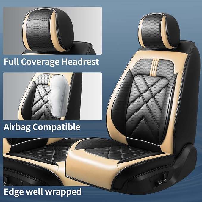 Car Seat Covers Compatible with Kia Sportage 2009-2026, Premium Full Coverage Leather Automotive Seat Protectors, All Seasons Waterproof Breathable, Airbag Compatible, Full Set Seat Black Beige - Image 2